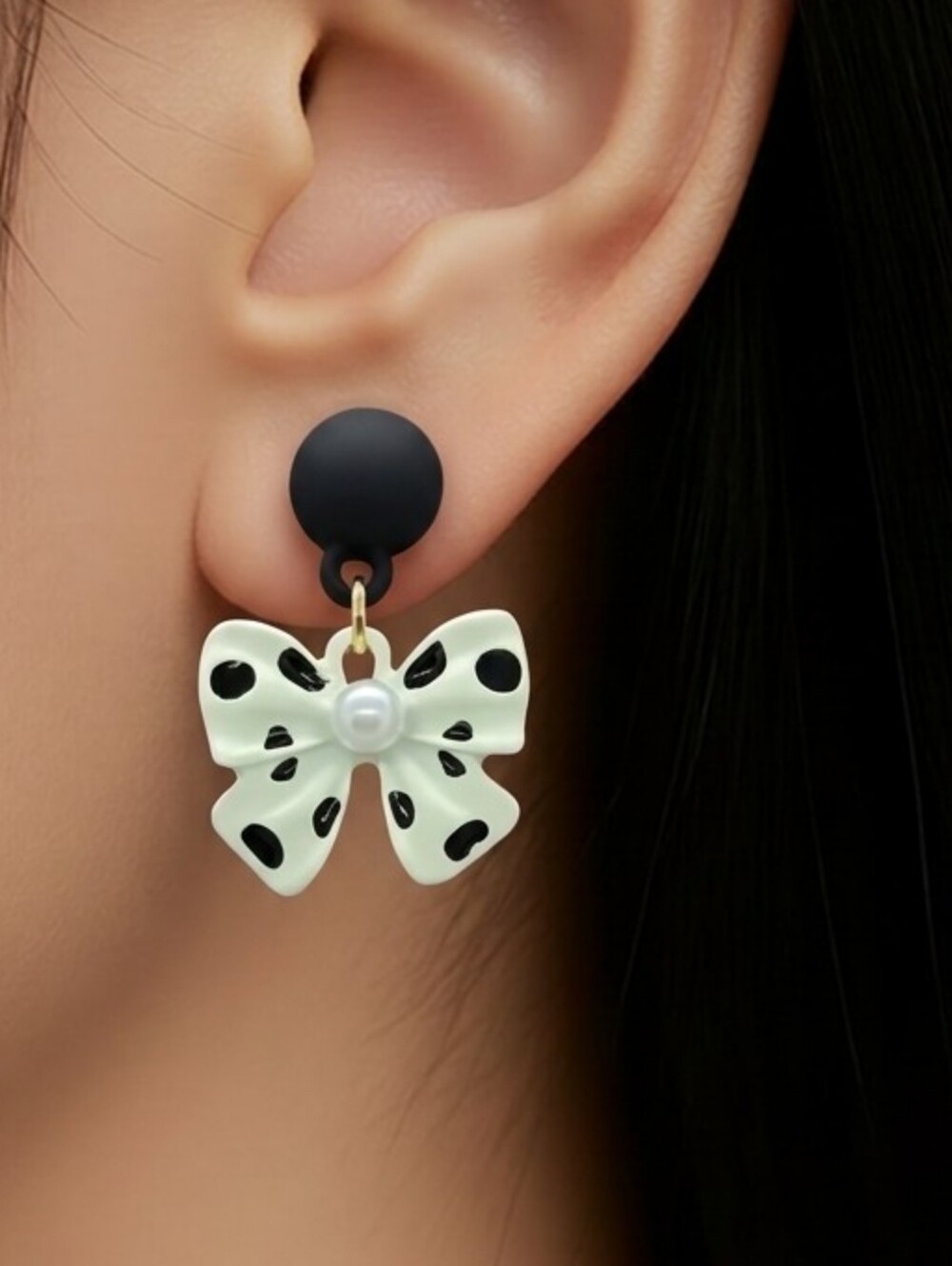 Black White Bow Earrings Pearl Polka Dot Coquette Stud Dangle Cute Parisian Chic
